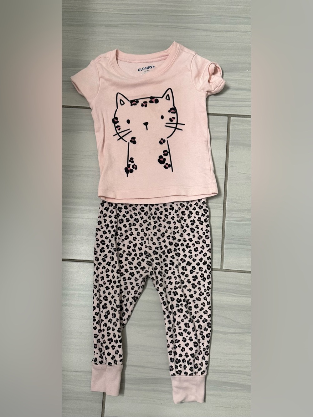 Old Navy Light Pink Cat Top & Leopard-Print Pajama Set